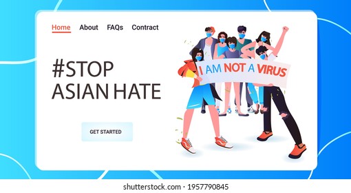 stop asian hate activists in masks protesting against racism support people during coronavirus pandemic concept
