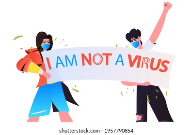 stop asian hate activists in masks protesting against racism support people during coronavirus pandemic concept