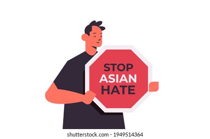 stop asian hate guy holding signboard banner against racism support people during coronavirus pandemic