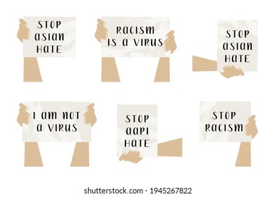 Hör auf, asiatischen Hass zu hassen! Hände, die Banner halten. Aktivisten mit Plakaten für Demonstration, Protest. Soziale Frage, Schluss mit Rassismus. Vektorgrafik-Cartografik