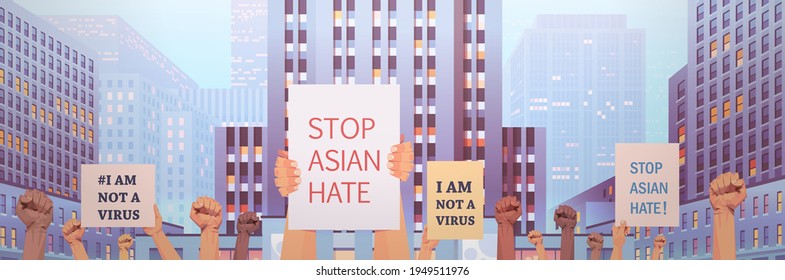 stop asian hate human hands holding banners against racism support during coronavirus pandemic concept