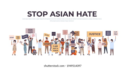 stop asian hate mix race people in masks holding banners against racism support people during covid-19 pandemic