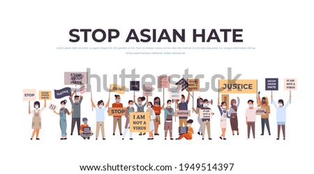 stop asian hate mix race people in masks holding banners against racism support people during covid-19 pandemic