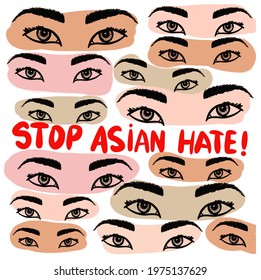 Stop asian hate, modern creative banner, sign, design concept, social media post with white text and stop hand sign Vector illustration for banners posters postcards
