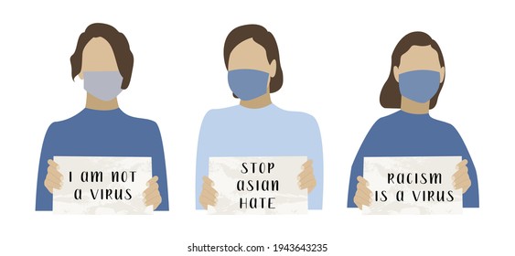 Stop asian hate. I am not a virus. Females wearing face mask and holding banners. Activists with placards for demonstration, protest. Social issue, stop racism. Vector flat cartoon illustration