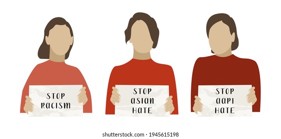 Stop asian hate. I am not a virus. Females holding banners. Activists with placards for demonstration, protest. Social issue, stop racism. Vector flat cartoon illustration