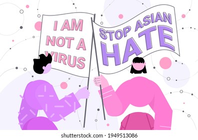 stop asian hate people holding flags against racism support during coronavirus pandemic concept