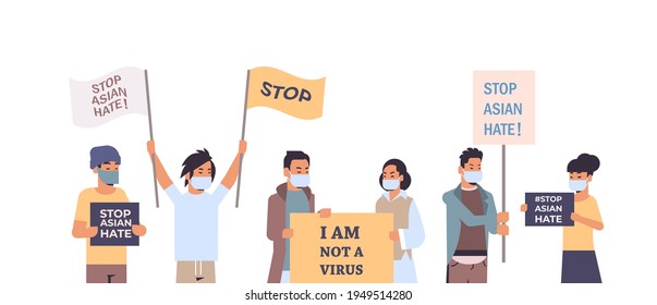 stop asian hate people in masks holding banners against racism support people during coronavirus pandemic