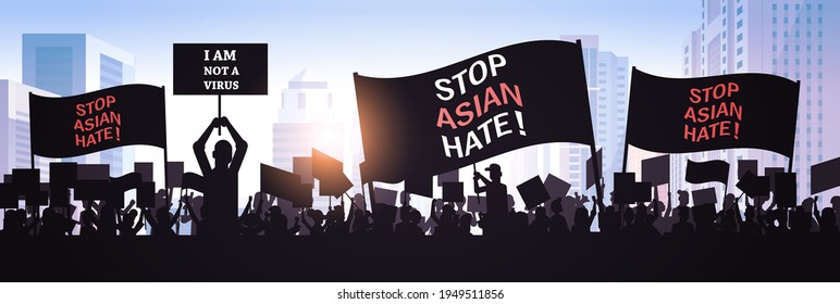 stop asian hate people silhouettes holding banners against racism support during covid-19 coronavirus pandemic