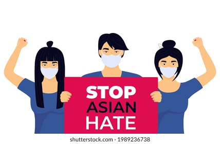 Stop Asian Hate poster. Racism crime. Group of protesters with banner. Chinese women raised their fists in protest