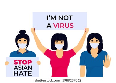 Stop Asian Hate poster. Racism crime. Group of protesters with banners