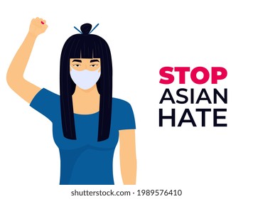 Stop Asian Hate poster. Racism crime. The Chinese woman raised her fist