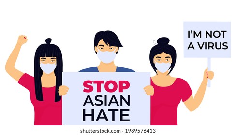 Stop Asian Hate poster. Racism crime. Group of protesters with banners. The Chinese girl raised her fist in protest