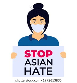 Stop Asian Hate poster. Racism crime. Chinese woman holds banner