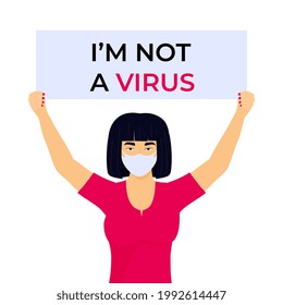 Stop Asian Hate poster. Racism crime. Chinese woman holds banner with text I'm not a virus