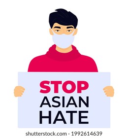 Stop Asian Hate poster. Racism crime. Chinese man holds banner