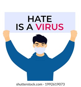 Stop Asian Hate poster. Racism crime. Chinese man holds banner