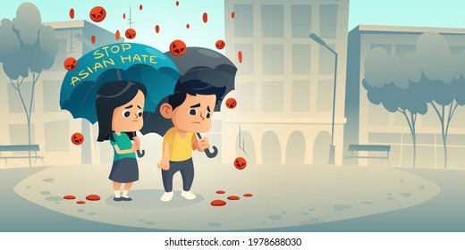 Stop Asian Hate, Protest Poster Against Racism, Violence, Hatred And Discrimination People From Asia. Vector Cartoon Illustration Of Chinese Kids With Umbrella And Falling Negative Emoji