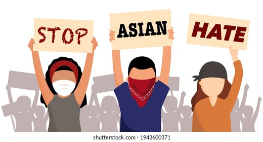 Stop Asian hate protesters and activists protesting against racism, holding posters, antiracism and support AAPI community. Race equality concept. Flate vector illustration.