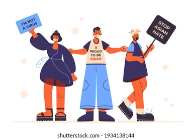 Stop asian hate. Proud to be asian. Support people during covid-19 pandemic. Man and women wearing protective face mask and holding text banner against bullying and racism. Isolated stock vector.