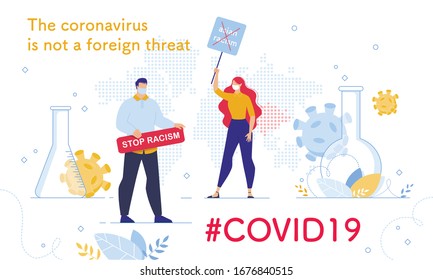 Stop Asian Racism due to Corona Virus Pandemic. Man Woman People in Mask with Protest Poster. Dotted World Map. China Covid19 Location. Lab Flask, Viral Compound Attack. Coronavirus Not Foreign Threat