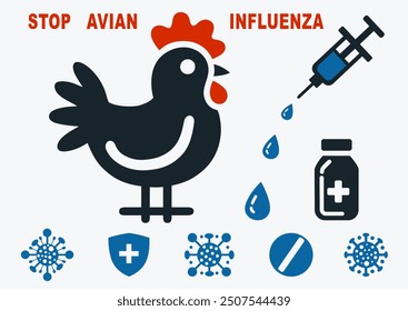 Detener la gripe aviar. Ilustración vectorial en la que se pide la vacunación de las aves de corral y el estricto cumplimiento de las normas de higiene sanitaria. Las aves acuáticas silvestres son las principales portadoras del virus de la gripe. Concepto médico y de salud