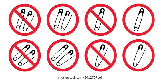 Halt, Babysicherheitstift. unzulässige offene und geschlossene Stifte. durchbohrtes und Beschneidungspfad-Schild. Vektorsymbol verboten, Safetypin zu verbieten. Sicherheitsstifte öffnen und schließen. Keine Nadeln warnen.