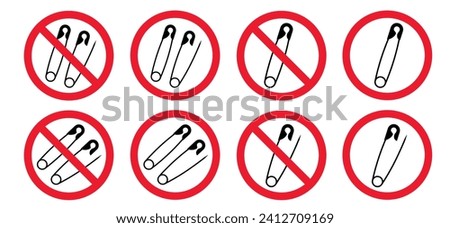 Stop, baby safety pin. prohibited opened and closed pins. pierced and clipping path sign. Vector forbiddenor prohibition safetypin icon. attention, open and close safety pins. No needles warning.