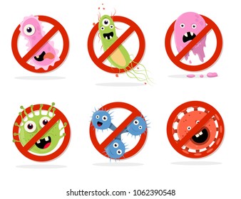 Stop bacteria cartoon vector illustration. No bacteria sign with cute cartoon germ in flat style design isolated. Red alert circle symbol for antibacterial products. Stop virus warning sign.