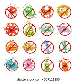 Stop bacteria cartoon vector illustration. No bacteria sign with cute cartoon germ in flat style isolated. Red alert circle symbol for antibacterial products. Stop virus warning sign. Coronavirus