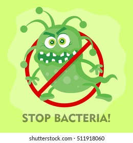 Stop bacteria cartoon vector illustration. No bacteria sign with cute cartoon germ in flat style design isolated. Red alert circle symbol for antibacterial products. Stop virus warning sign.