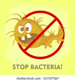 Stop bacteria cartoon vector illustration. No bacteria sign with cute cartoon germ in flat style design isolated. Red alert circle symbol for antibacterial products. Stop virus warning sign.