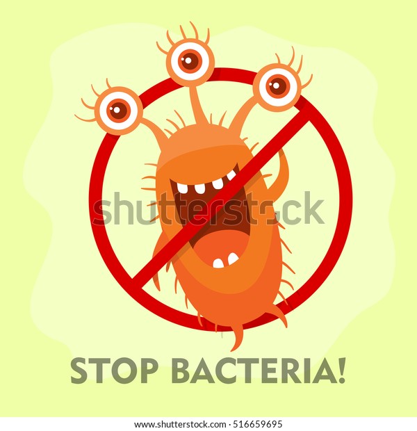 バクテリアの漫画のベクターイラストを止めます フラットスタイルのデザインで かわいい漫画の胚芽を使って 細菌のサインを付けることはできません 抗菌性製品の赤い警告円の記号 ウイルスの警告サインを停止します のベクター画像素材 ロイヤリティフリー