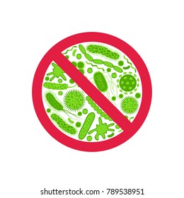 Stop bacteria and viruses prohibition sign.  Green germ in flat style isolated on white background. Antibacterial and anti disease icon. Vector warning emblem.