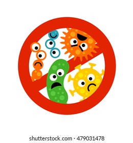 Stop bacterium covid 19 coronavirus sign with cartoon gems in flat style isolated on white background. Alert circle symbol for antibacterial products. Art vector illustration.