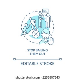 Stop bailing them out turquoise concept icon. Teaching teenager responsibility abstract idea thin line illustration. Isolated outline drawing. Editable stroke. Arial, Myriad Pro-Bold fonts used