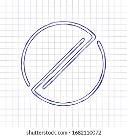 Stop or ban or cancel, simple linear circle. Hand drawn picture on paper sheet. Blue ink, outline sketch style. Doodle on checkered background
