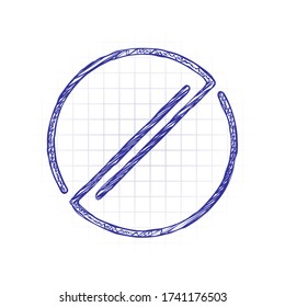 Detener o prohibir o cancelar, círculo lineal simple. Imagen dibujada a mano con relleno de garrapatas. Tinta azul. Doodle sobre fondo blanco
