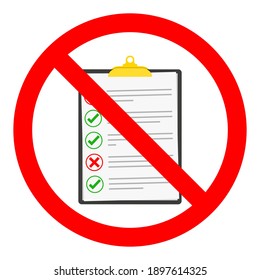 Detener o prohibir la señal de redondeo rojo con el icono de lista de verificación. Ilustración vectorial. Señal prohibida. La lista de verificación está prohibida