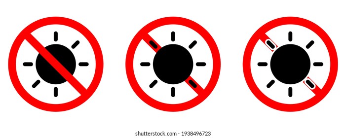 Stoppen oder verbieten Sie rotes Rundzeichen mit Sonnensymbol. Vektorgrafik.