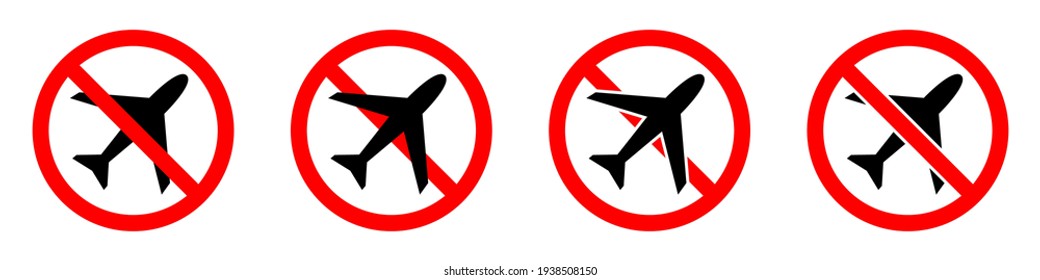 Stop or ban red round sign with airplane icon. Vector illustration. Forbidden signs set. No flights. Flights banned