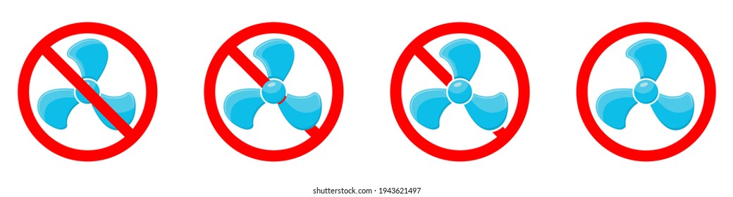Stop or ban red round sign with fan icon. Vector illustration. Forbidden signs set. Fan is prohibited