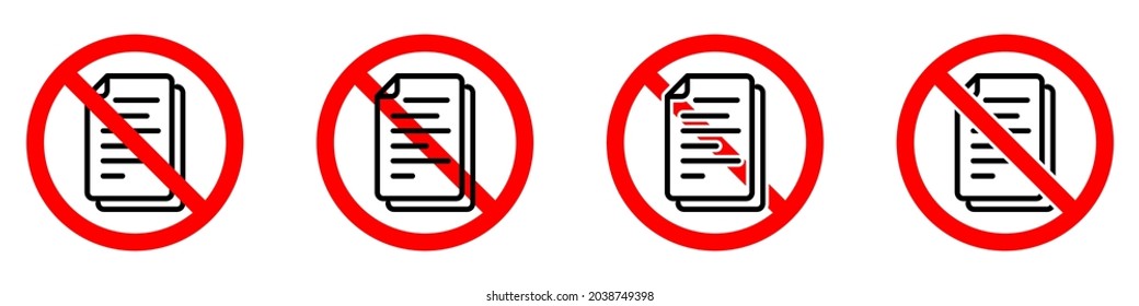 Detener o prohibir la señal de redondeo rojo con el icono de documento. Ilustración vectorial. Señales prohibidas. El archivo está prohibido