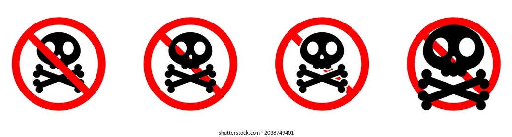 Detener o prohibir la señal redonda roja con el cráneo y el icono de los huesos cruzados. Ilustración vectorial. Señales prohibidas. Está prohibido el cráneo y los huesos cruzados