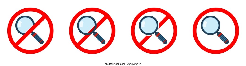 Stop or ban red round sign with magnifier icon. Vector illustration. Forbidden signs set. Search concept
