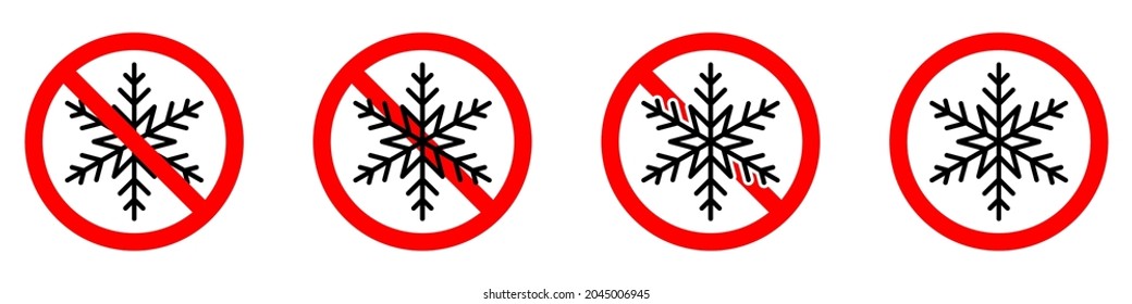 Detener o prohibir la señal redonda roja con un icono de copo de nieve. Ilustración vectorial. Señales prohibidas. La congelación está prohibida