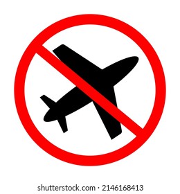 Stop or ban red round sign with airplane icon. Vector illustration. Forbidden sign. No flights. Flights banned.