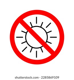 Stoppen oder verbieten Sie rotes Rundzeichen mit Sonnensymbol. Vektorgrafik auf weißem Hintergrund.EPS