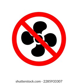 Detener o prohibir la señal redonda roja con el icono del ventilador. Ilustración vectorial. Cartel prohibido sobre fondo blanco. 