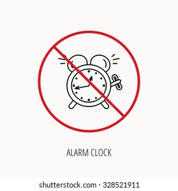 Stop or ban sign. Alarm clock icon. Mechanical retro time sign. Watch with bell symbol. Prohibition red symbol. Vector